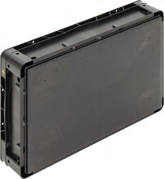 The image displays a rectangular, flat, black plastic container. It has rounded edges and a smooth surface. The container is visible from the side, featuring a sturdy rim.