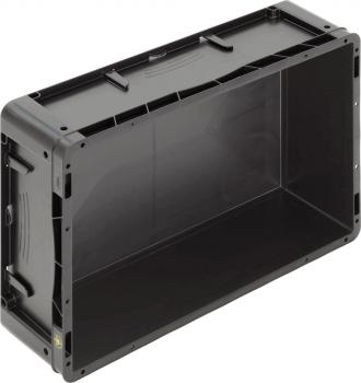 Das Bild zeigt eine schwarze, rechteckige Kunststoffbox ohne Deckel. Sie hat glatte Wände und abgerundete Ecken, mit Griffen an den Seiten für einfaches Tragen.