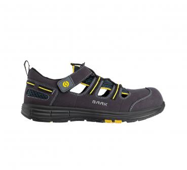 The shoe is a sporty, dark gray sandal boot with yellow and blue accents. It has a padded strap and is designed with multiple openings for breathability.