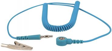 The image shows a blue, spiral cable with a jack plug at one end and an alligator clip at the other end. The cable is flexible and serves as an electrical connection.
