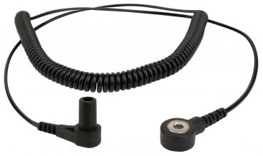 The image shows a black, spiral-shaped cable with two connectors. One end is straight and the other has a round, flat connection. It is made of flexible material.