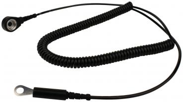 The image shows a coiled black cable. At one end, there is a round plug, and at the other end, a flat eyelet. The cable appears flexible and is about one meter long.