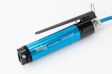 The image shows a blue air gun with a black handle and nozzle opening. It features a metal bracket and a hose connection for high-pressure air applications.