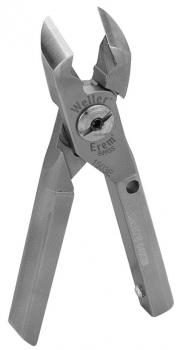 The image shows a silver pair of pliers with two long, flat handles and a pointed head. The edges are sharp and tapered, ideal for gripping and cutting wires.