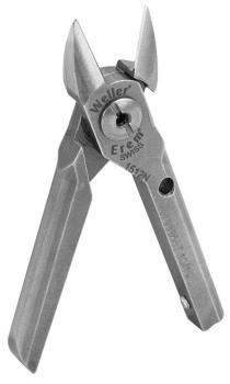 The image shows a silver pair of pliers with pointed, sharp blades and an ergonomic handle. The pliers are designed for precise tasks and have a smooth surface.