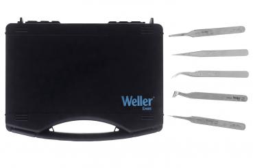 The image shows a black case labeled "Weller" with four precise tools arranged next to it. The tools have slim, metallic blades in various shapes.