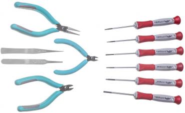 The image displays a collection of tools: On the left are two pliers and two tweezers with blue handles. On the right, there are seven screwdrivers with red and silver handles arranged.
