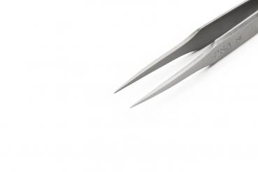 The image shows a narrow, metallic tweezer. The ends are pointed and tapered, with a smooth, shiny surface. The background is white and plain.