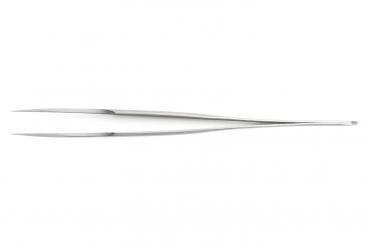 The image shows a long, narrow pair of pliers made from shiny metal. It has two narrow, pointed tips and a straight, thin handle. Ideal for gripping small objects.