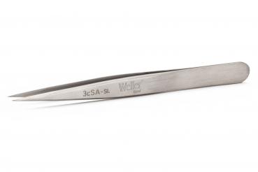 The image shows a pointed metallic tweezer. It has a smooth, matte surface and an elongated shape. There is a logo on the handle.