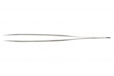 The image shows a long, narrow metal tweezer. It has two pointed jaws that meet, and a flat, straight base. The surface is shiny and reflective.