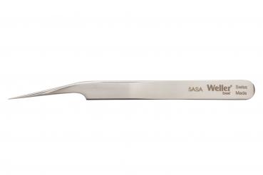 The image shows a narrow, long stainless steel tweezer with a pointed, slightly curved tip. The surface is shiny and features the engraving "Weller" as well as "Swiss Made".