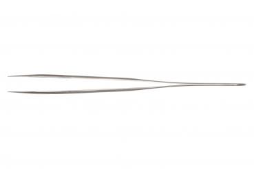 The image shows a long, slender stainless steel tweezer. It has two pointed gripping surfaces that can be opened and closed at the top end, and a straight, thin handle.