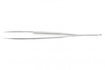 The image shows a long, narrow tweezer made of shiny metal. It has two pointed ends and a simple, elegant shape, ideal for precise gripping.