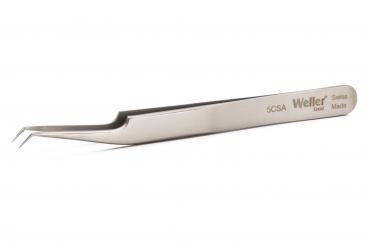 The image shows a slender, metallic tweezer with two fine, angled gripping arms. It has a shiny surface and an inscription on the side. It is suitable for precise tasks.
