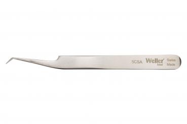 The image shows a stainless steel tweezer with a narrow, slightly curved tip. It has a flat, ridged surface for better grip and is labeled with the brand "Weller".
