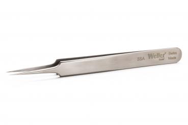 In the image, there is a long, narrow tweezer made of shiny metal. It features a sharp, pointed tip and a slightly curved shape, ideal for grasping fine objects.