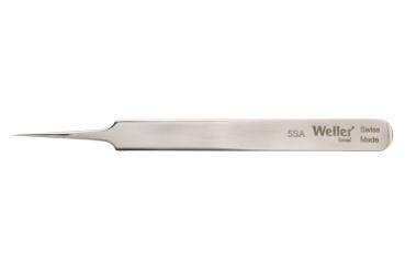 The image displays a narrow, shiny stainless steel precision tweezer with a long, pointed tip. It has a suitable shape for delicate tasks, labeled with "Weller".