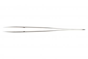 The image depicts a long, narrow pair of metal tongs. It has two pointed tips that taper at the upper end and have a flat, straight shape.