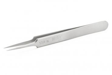 The image shows a narrow, straight stainless steel tweezer. It has a flat, wide grip side and two pointed ends suitable for picking up small objects.