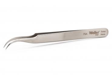 The image shows a long, slender pair of stainless steel tweezers. The tips are slightly curved, and on the side, there is the inscription "Weller" with a model number.