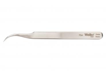 The image shows a straight, narrow stainless steel tweezer. It has a slightly curved tip and a smooth surface. On the side, it is marked with the inscription "Weller" and the model number.
