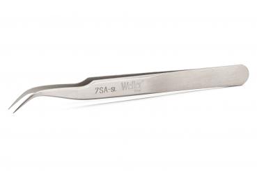 The image shows a sharp, curved tweezer made of stainless steel. It has a narrow, elongated shape and is shiny. One side is slightly beveled for precise gripping.