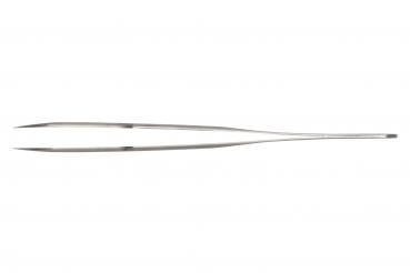 The image shows a long, narrow pair of metal tweezers. They have two pointed, separate tips and a slim handle. The surface is smooth and shiny.