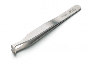 The image shows a straight, narrow tweezer made of stainless steel. It has a smooth surface and a pointed opening at the end that slightly drifts apart.
