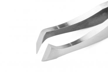 The image shows a curved pair of pliers made of shiny metal. The two ends are pointed and narrow, with a sharp edge suitable for gripping or holding objects.