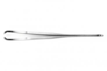The image shows a straight, silver metal tweezer. It is slender and has two slightly curved ends that are suitable for grasping small objects.