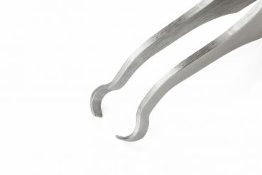 The image shows a pair of stainless steel tweezers with curved, pointed ends. They are shiny and ergonomically designed, ideal for gripping small objects.