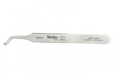 The image shows a flat, curved tweezer made of stainless steel. It has a sharp tip and is labeled with "Weller Swiss Made" along with other technical details.