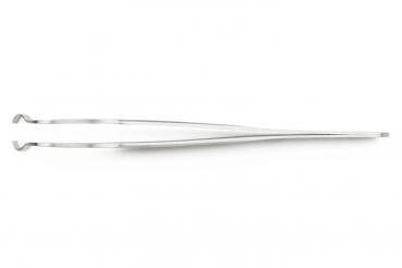 The image shows a narrow, metallic pair of pliers. It has two elongated arms that are slightly bent at one end. The pliers are shiny and have a simple, functional shape.