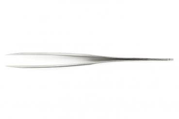 The image shows a long, slender pair of stainless steel pliers. It has two parallel, thin gripping arms and a flat tip. The surface is shiny and reflective.