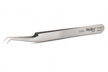 The image shows a sharp, two-pronged stainless steel tweezer. It has a narrow handle and a polished surface displaying the name "Weller".