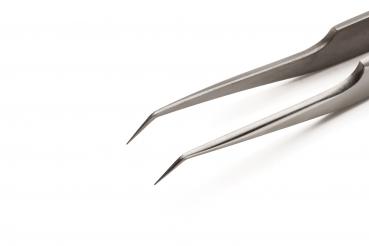 The image shows a silver tweezer with sharp, fine tips. It is slender and has a smooth surface, ideal for gripping small objects. The background is white.