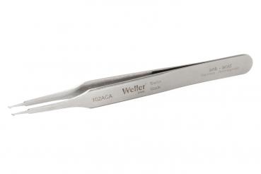 The image shows a sharp, slender tweezer made of stainless steel. It has two slightly curved gripping ends and is marked with the name "Weller" along with other details.