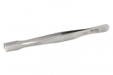 The image shows a narrow, silver metal tweezer. It has a straight shape with slightly ridged handles for better grip. The tip is straight and narrow.