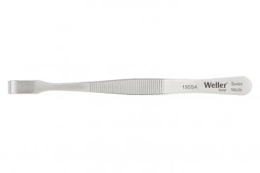 The image displays a narrow, metallic pair of tweezers with a flat, broad tip and a non-slip grip surface. It is suitable for precision tasks and bears the inscription "Weller Swiss Made".