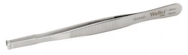 The image shows a narrow, silver metal tweezer. It has a straight shape with slightly ridged handles for better grip. The tip is straight and narrow.