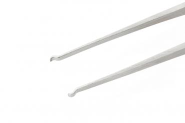 The image shows a metal tweezer. It has long, slender legs with a slightly curved tip, suitable for grasping small objects.