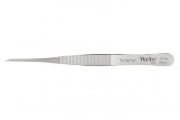 The image displays a sharp, slender pair of stainless steel pliers. It features a non-slip grip surface with fine grooves and is labeled with "Weller" and a model number.