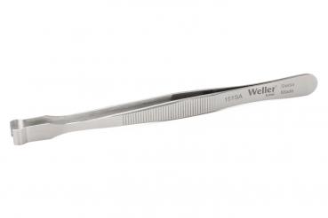 The image displays a straight, metallic tweezer with a flat, broad tip. It features a ridged structure on the side for improved grip. The surface is smooth and shiny.