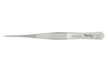 The image shows a silver tweezer with a long, narrow shape. The surface is shiny and has a grooved structure for better grip. On the side, it reads "Weller Swiss Made".