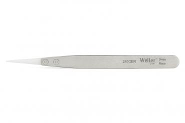 The image shows a sharp, metallic tweezer. It has a slender shape and a polished surface. On the side, there is the inscription "Weller" and a model number.