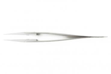 The image shows a narrow, metallic tweezer. It has two sharp, pointed ends and an ergonomic shape that slightly narrows in the middle.