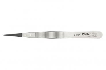 The image shows a silver tweezer with a slim, pointed end. The surface has grooves for better grip, and one side is marked with the inscription "Weller."