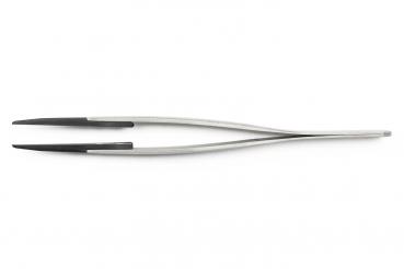 The image shows a long, narrow pair of stainless steel tweezers. They feature two pointed gripping surfaces at the ends and an elegant, curved shape.
