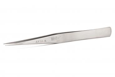 The image displays a slim, metallic tweezer with a pointed, narrow tip. It has a matte finish and the inscription "Weller" is engraved.